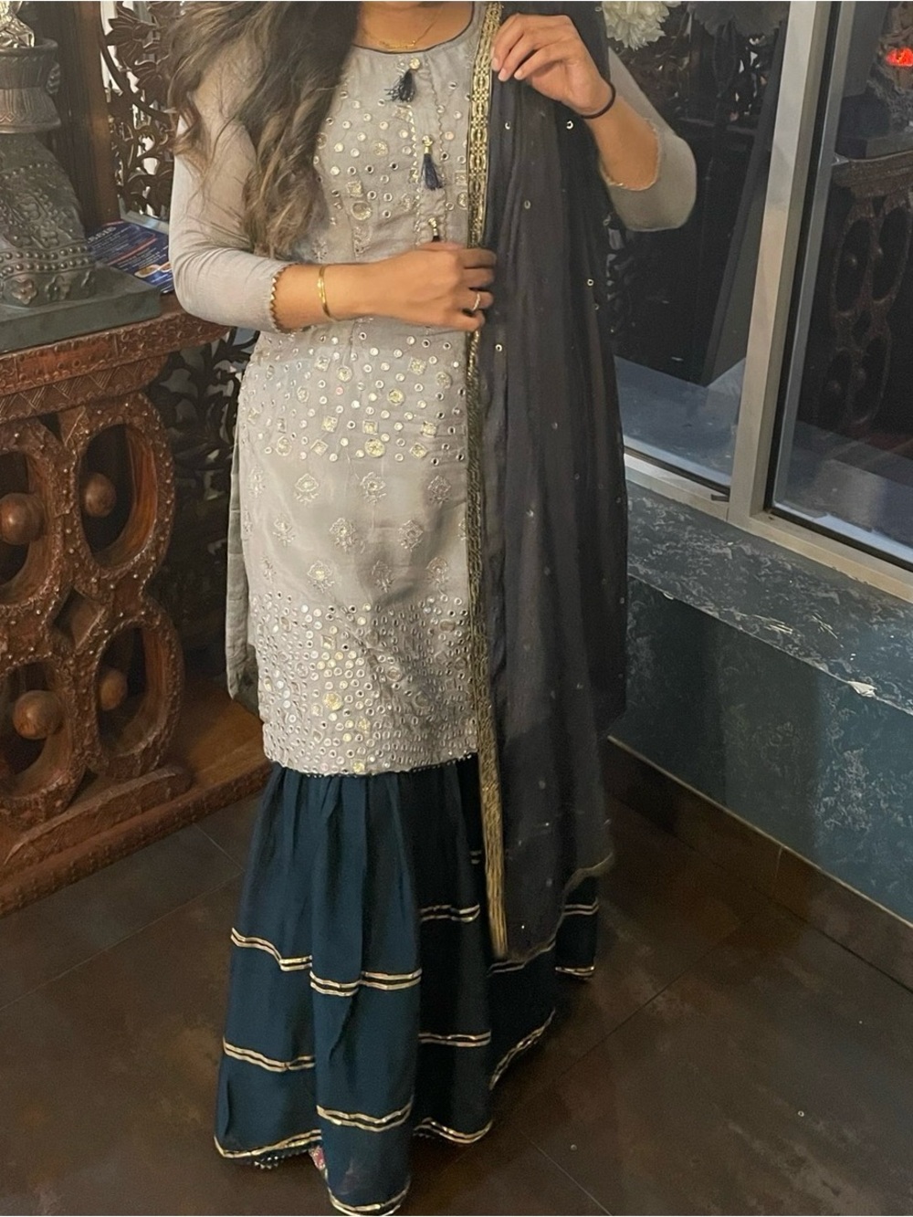 Ethnic Indian Wear Gray Embellished Kurta with Black Dupatta and Navy Palazzo
